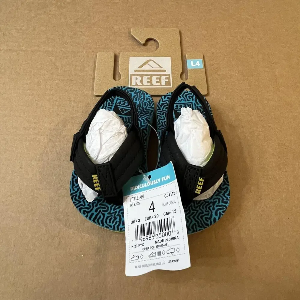 Reef Shoes Toddler Size 4 Black Blue Little Ahi Back Strap Flip Flop Sandals